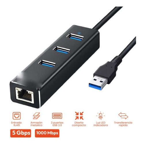Hub Multipuertos Metalico Red Gigabit Rj45 1000Mbps Usb 3.0