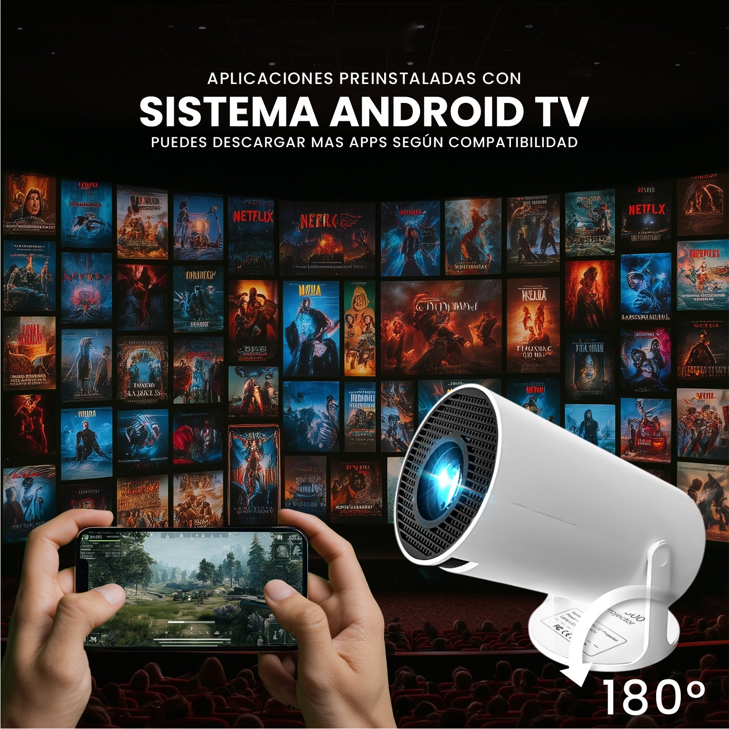 Proyector Hy Android 4K 200 Pulgadas Smart Tv + 2 Controles Gaming Netflix Youtube Prime Disney