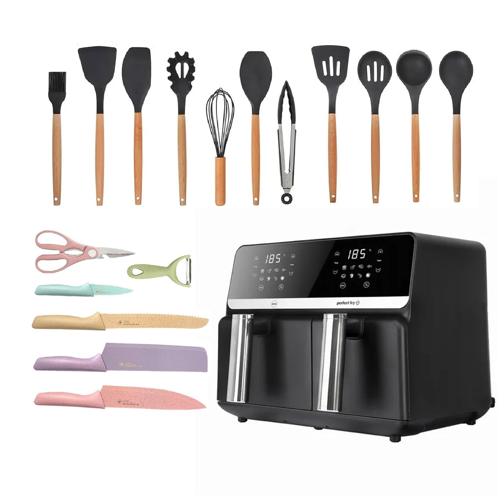 Freidora De Aire Nobelsound Air Fryer Doble Bandeja Con Utensilios Cuchillos Incluidos