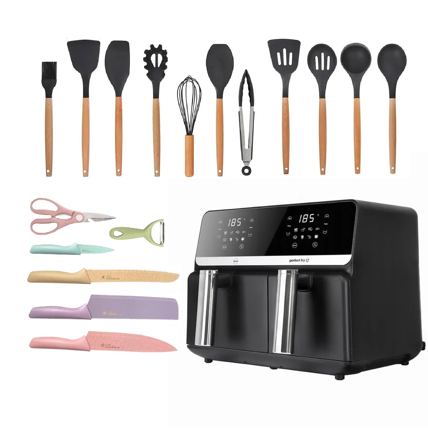 Freidora De Aire Nobelsound Air Fryer Doble Bandeja Con Utensilios Cuchillos Incluidos