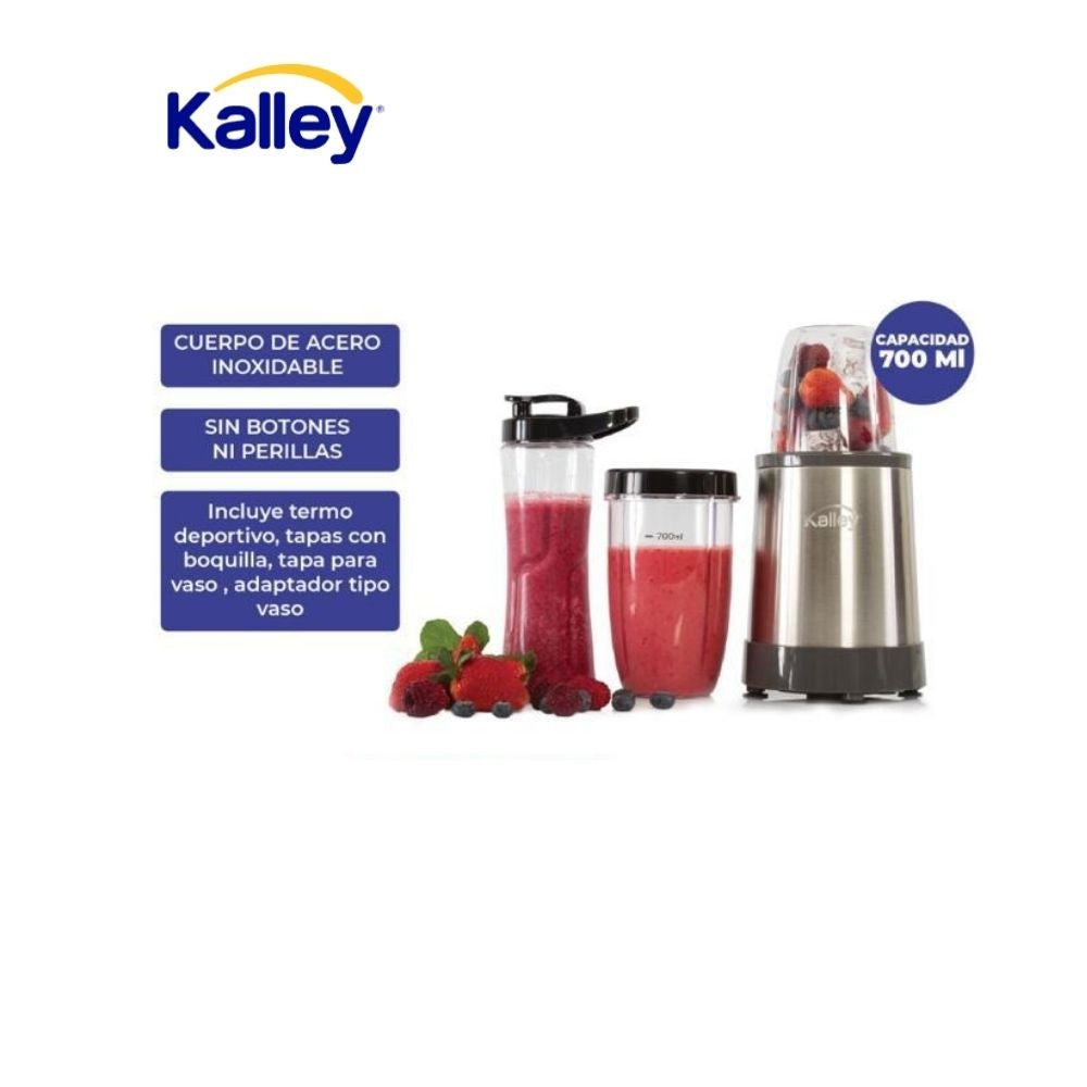 Licuadora Kalley 700 Ml Acero Inoxidable Vaso Deportivo + Termo Portatil