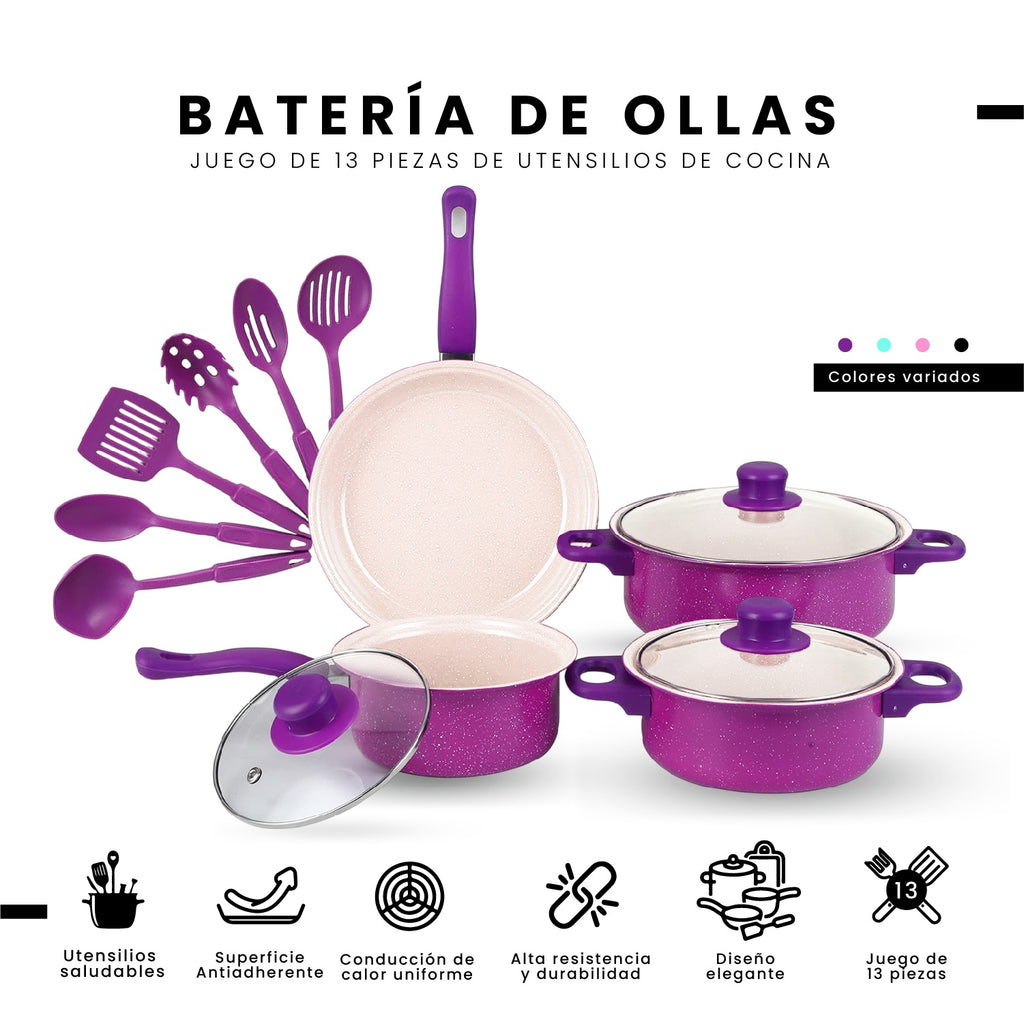 Juego De Ollas Con Tapa Vidrio Esmaltada Con Utensilios 13 Piezas Morado