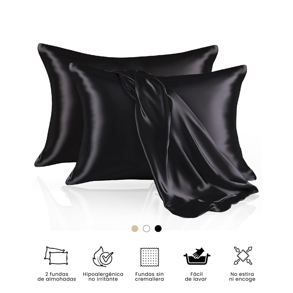 Fundas Para Almohada Satin Seda Cuidado Cabello Piel Anti Friz Color Negro Innovo 68 X 45