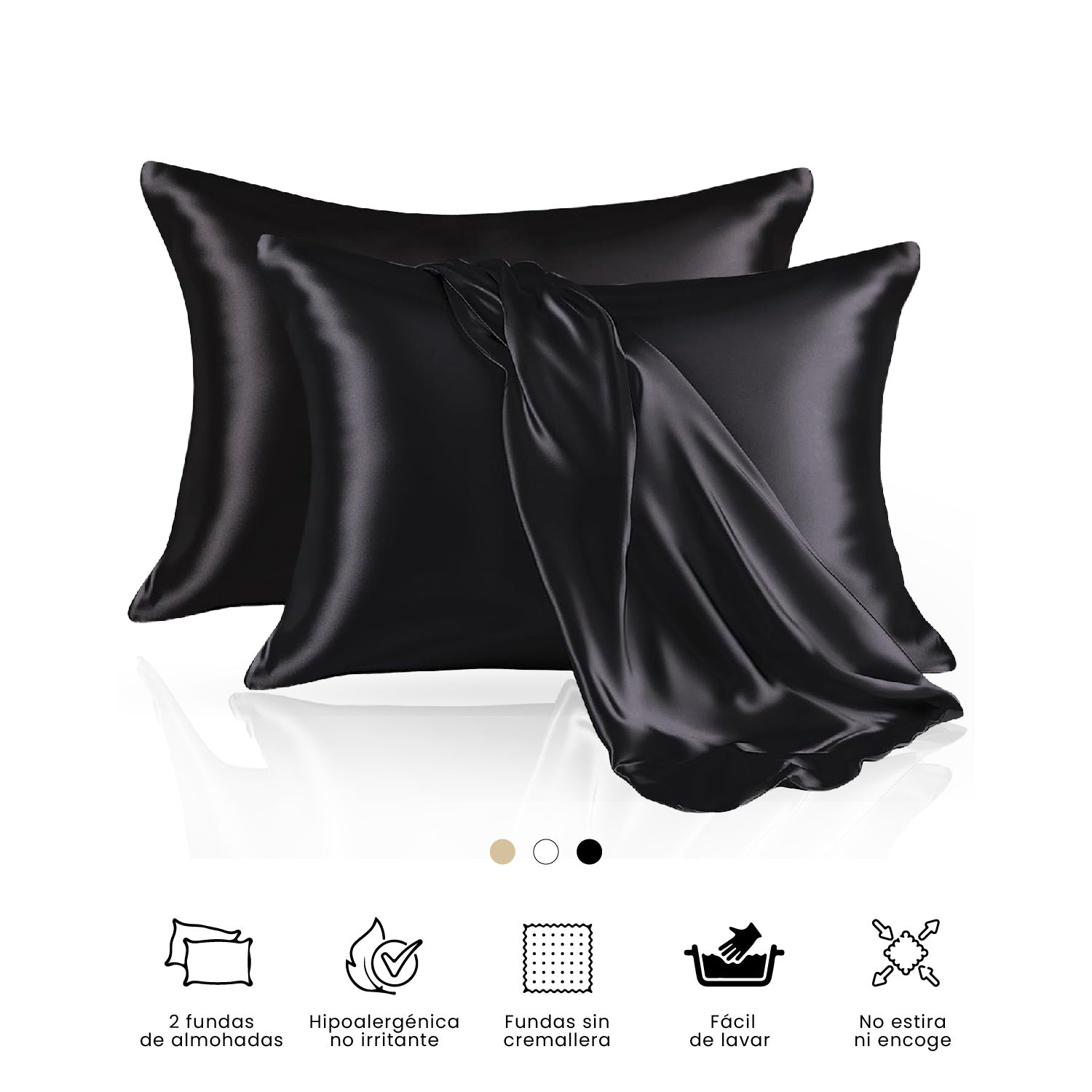 Fundas Para Almohada Satin Seda Cuidado Cabello Piel Anti Friz Color Negro Innovo 68 X 45
