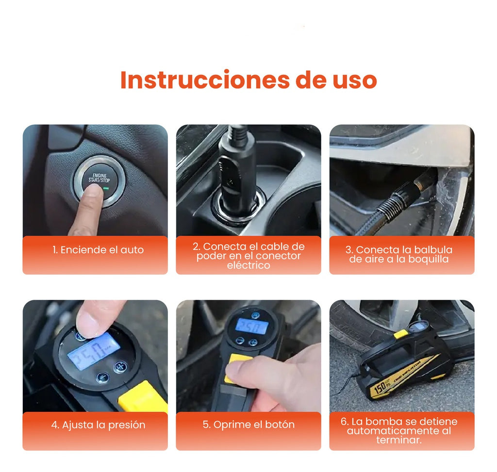 Inflador Para Carros Portable Infaltable Con Linterna Accesorios 150 Psi Universal