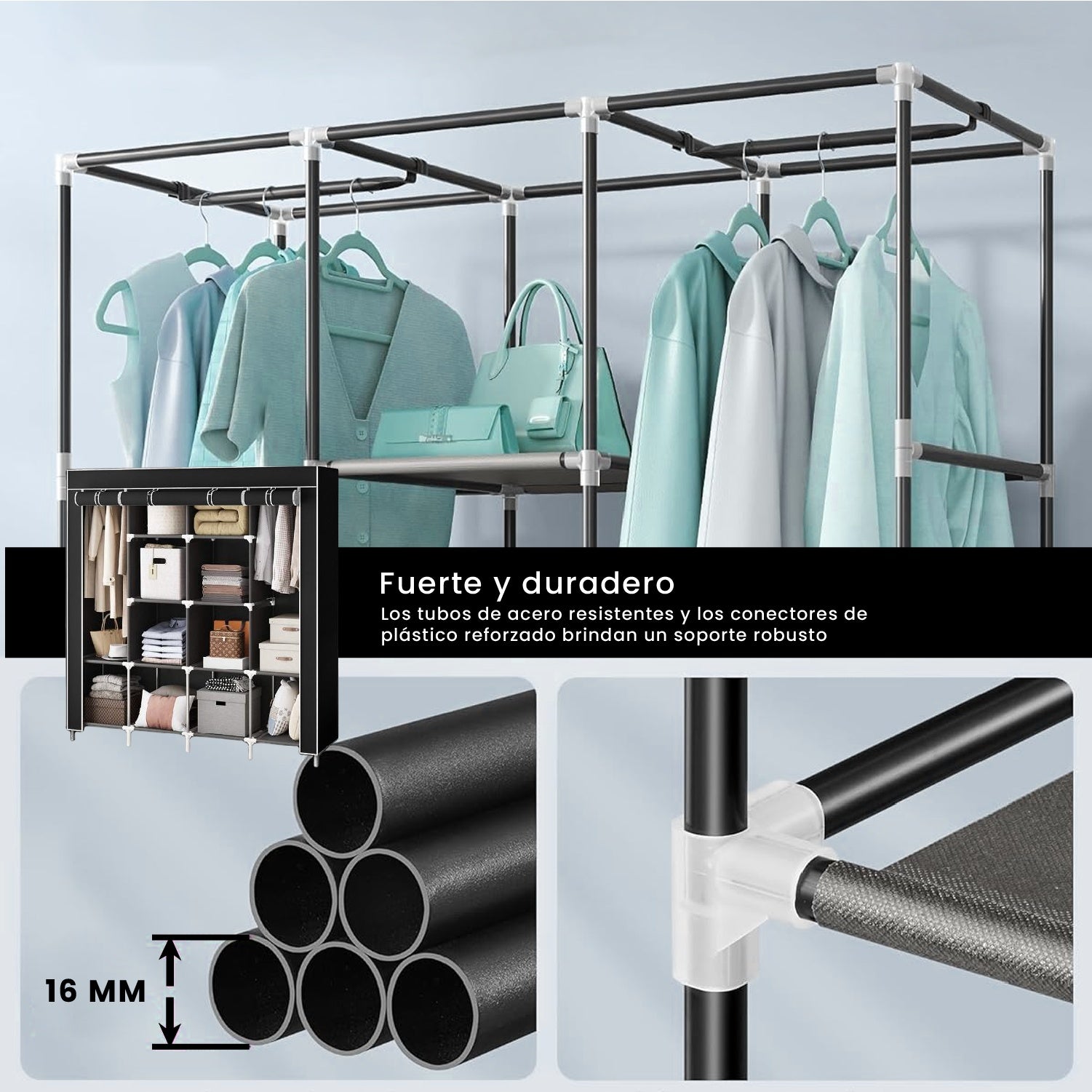 Closet Organizador De Ropa Plegable 4 Puertas 12 Espacios Tela Negro Innovo+