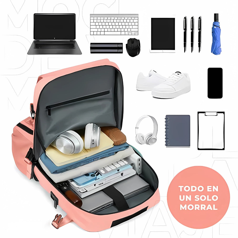 Combo Mochila Viajera + Organizador De Ropa Interior + Organizador Maquillaje Cosmetiquera Rosa