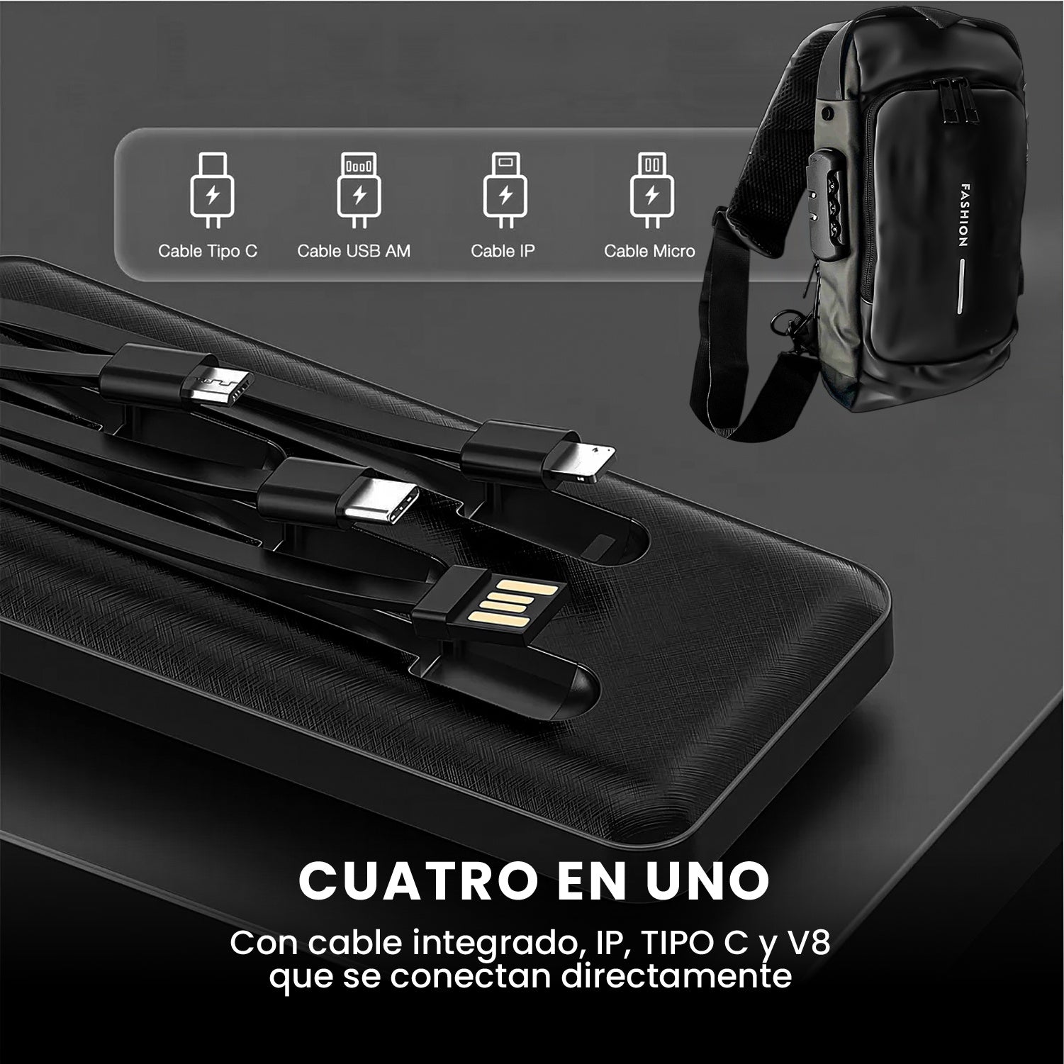 Bolso Manos Libres Antirrobo Con Clave Hombre Color Negro Con Power Bank 10.000
