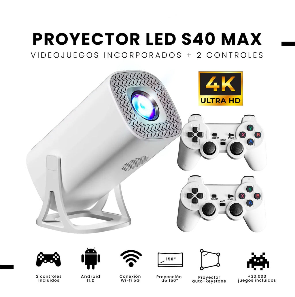 Proyector Smart S40 Max Pro 4K Android 11 Wifi 5G + 2 Controles Pantalla 200 30.000 Juegos Y Apps