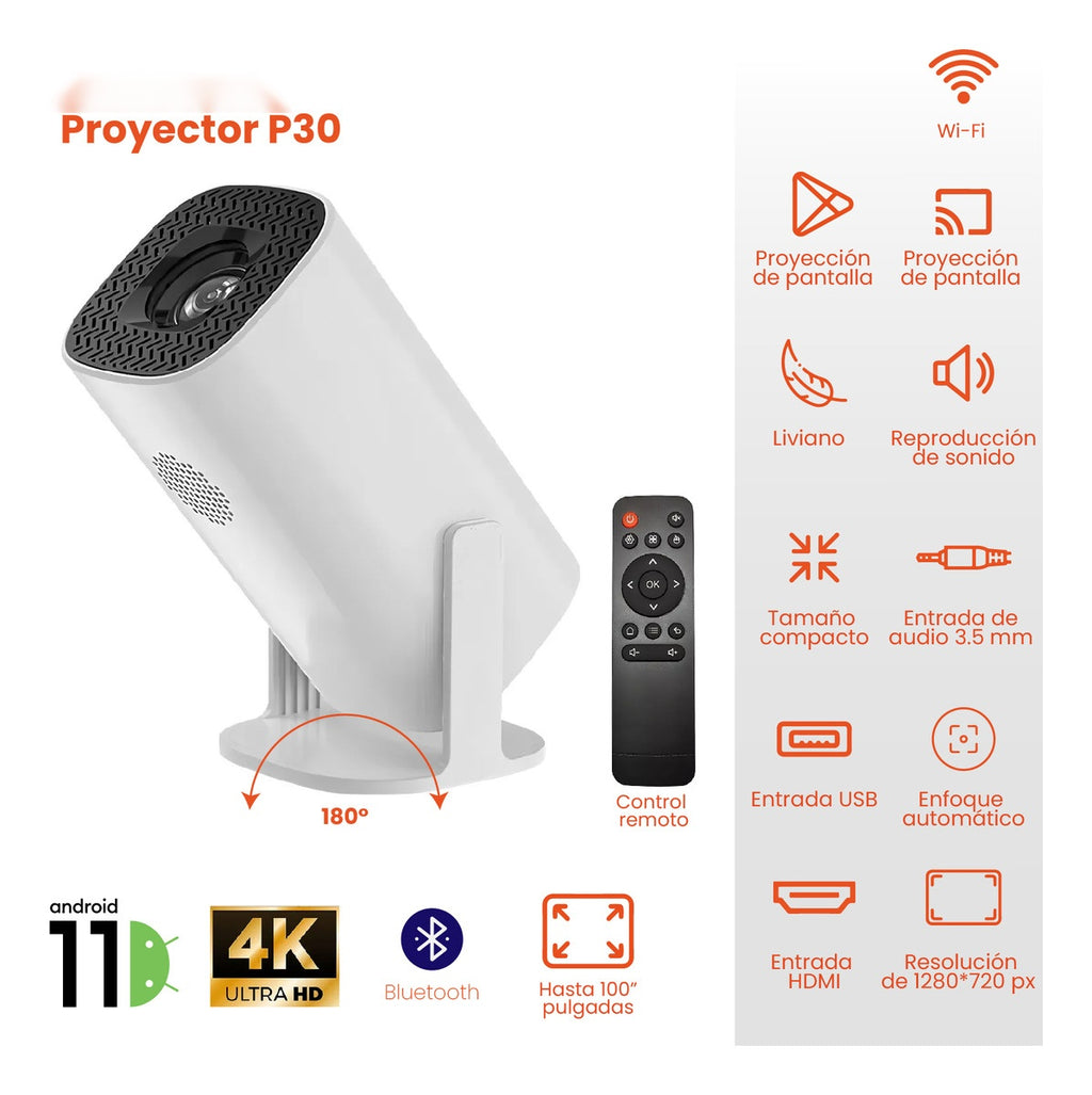 Mini Proyector Android 11 P30 4K Apps Sonido Hasta 100 Pulgadas
