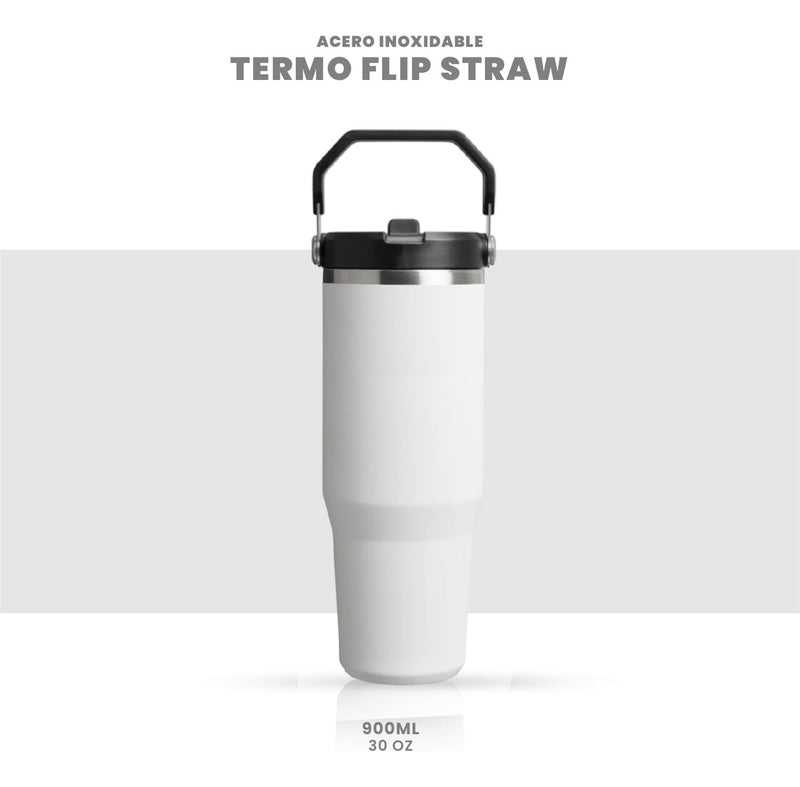 Termo Acero Inoxidable 900Ml Flip Straw Antiderrames Frio Calor Blanco