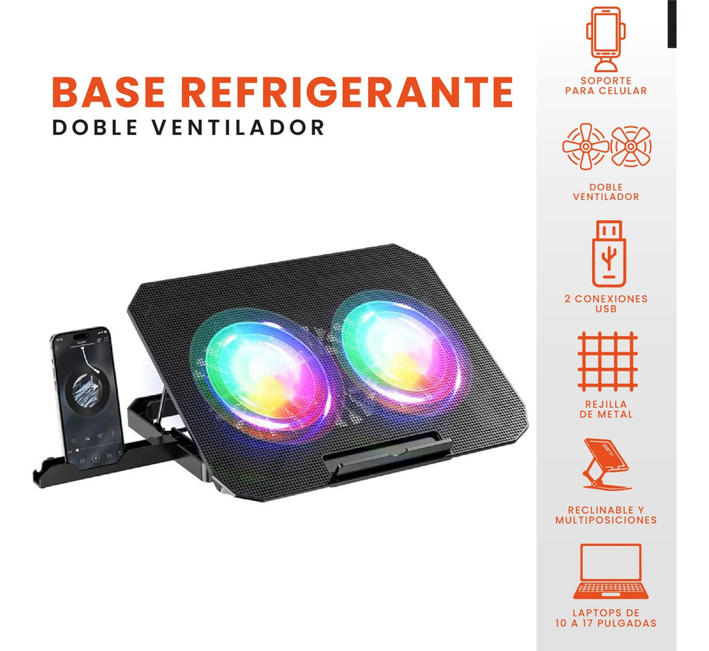Base Refrigerante Doble Ventilador Soporte Para Computador Laptop Hasta 18>> Ajustable