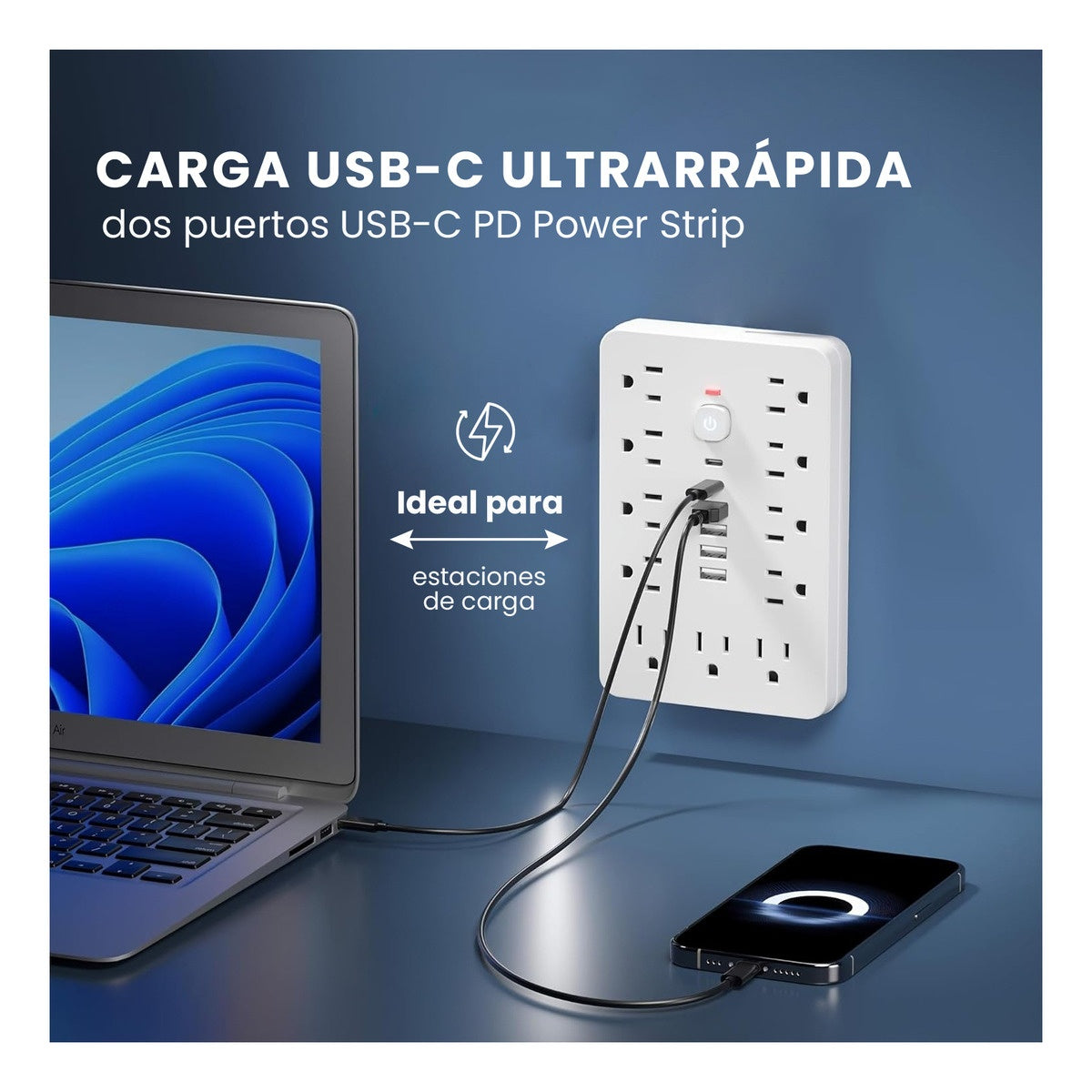 Multitoma 17 En 1 Regleta Electrica 11 Tomas 6 Usb Carga Rapida Usb-C Proteccion Sobrecarga Blanco