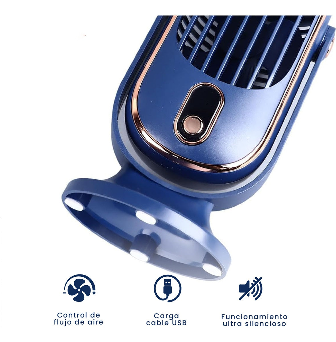 Mini Ventilador Mesa Escritorio Digital 5 Velocidades Recargable Azul Con Dorado