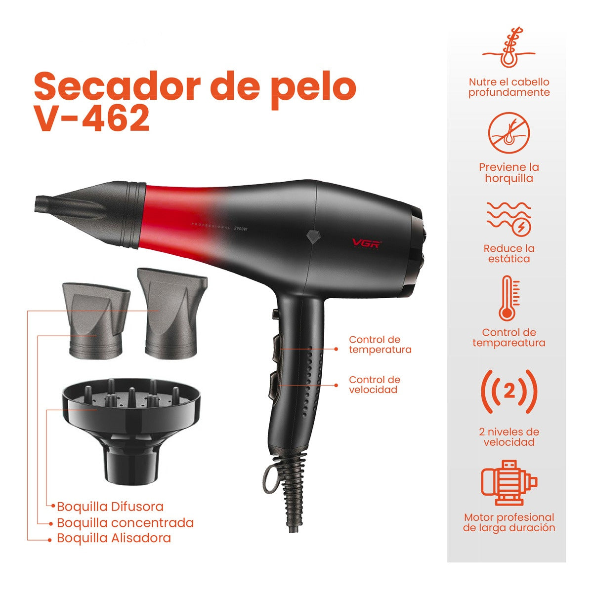 Secador Profesional Con 3 Boquillas 1500W Innovo Vgr 462
