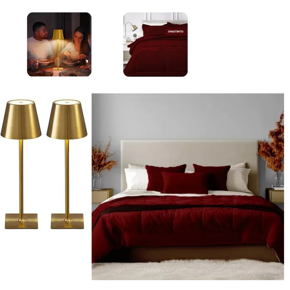 Combo Home Cubrelecho Ovejero Cama Doble Vinotinto + 2 Lamparas Farol Tactil