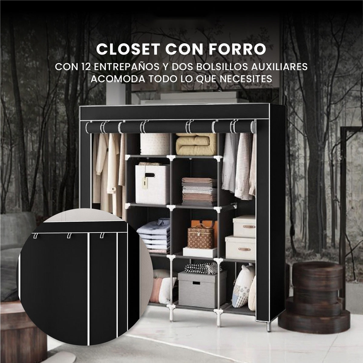 Closet Organizador De Ropa Plegable Armable 4 Puertas Tela Negro Innovo+