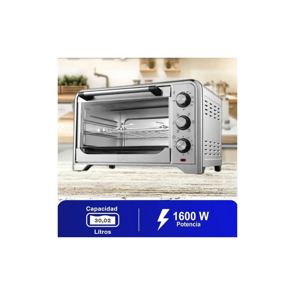 Horno Electrico Kalley 30 Litros Inoxidable 1600W Temporizador Asador Tostador