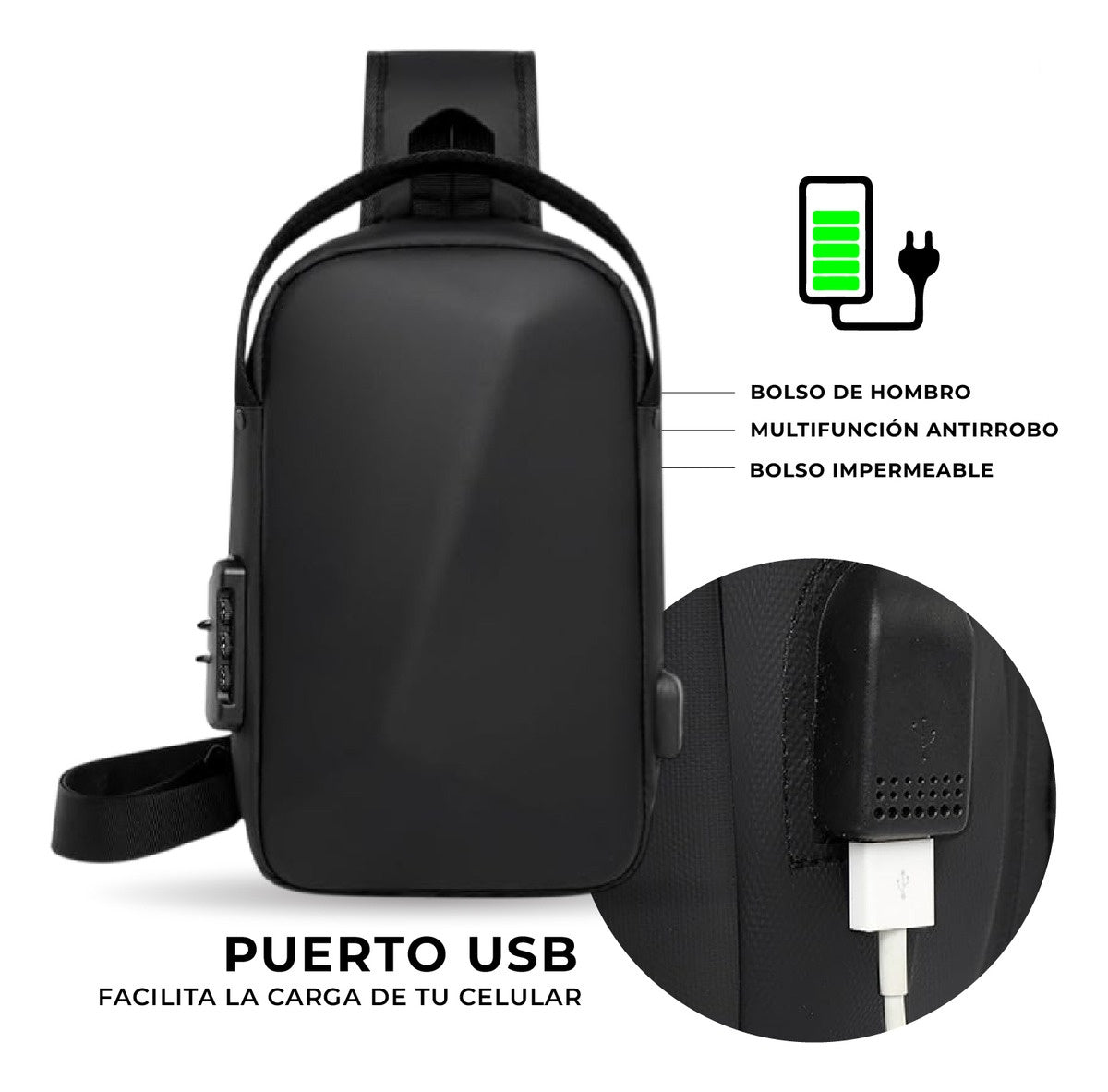 Morral Bolso Antirrobo Impermeable Con Puerto Usb Y Candado De Seguridad Negro
