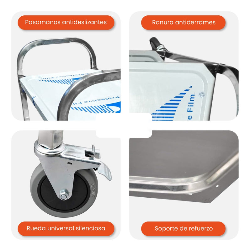 Carro Estante Organizador De Servicio 2 Niveles Acero Inoxidable Con Rodachines