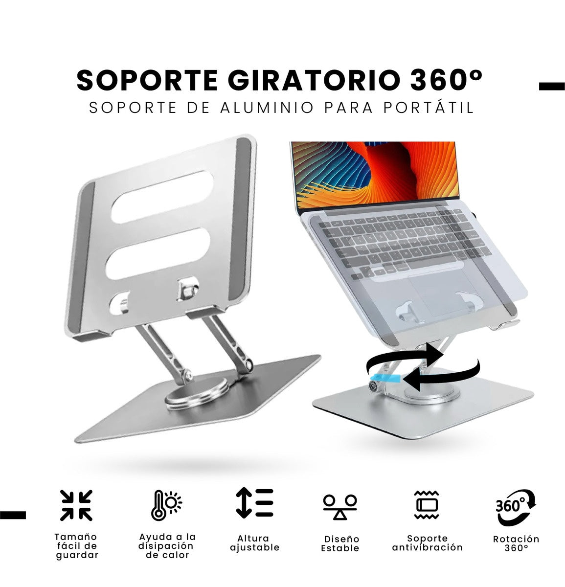 Soporte Giratorio 360Deg Portatil Laptop Tablet Aluminio Altura Ajustable Ergonomico Y Plegable
