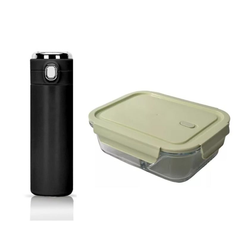 Combo Green Porta Comidas Refractaria Doble Compartimiento Verde Y Termo Botella Digital Negro 420Ml