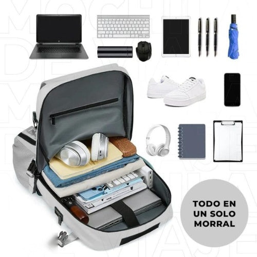 Combo Mochila Viajera + Organizador De Ropa Interior + Bolsa Para Zapatos Gris