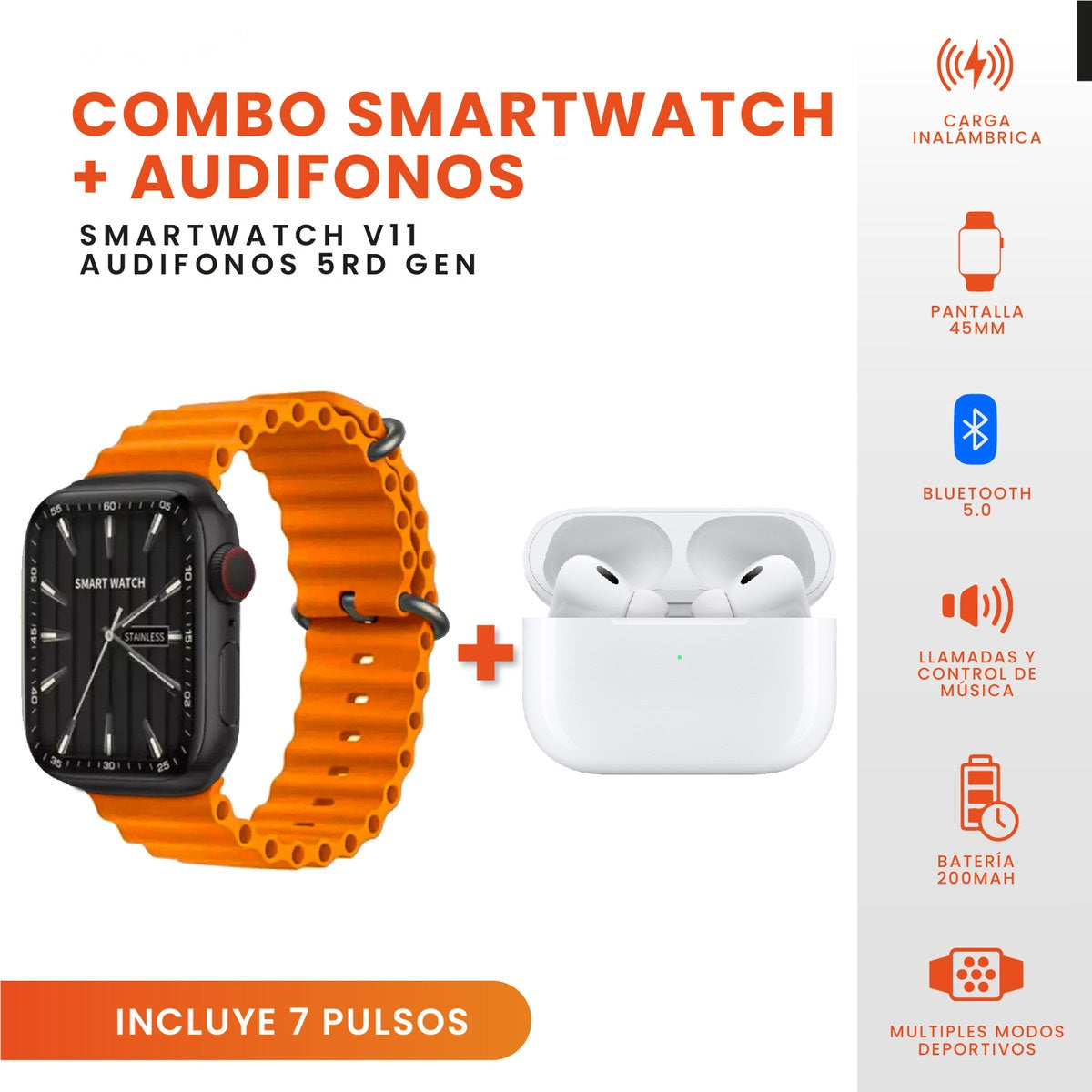 Smartwatch V11 Clasic Con Audifonos Air 7 Pulsos Serie 8 Sport Innovo Tech Naranja