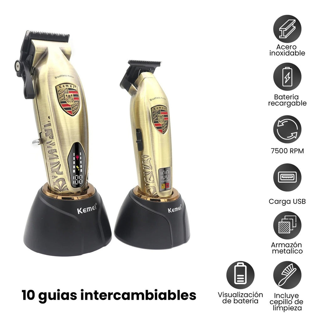 Duo Maquina Peluquera + Patillera Profesional Digital Kemei