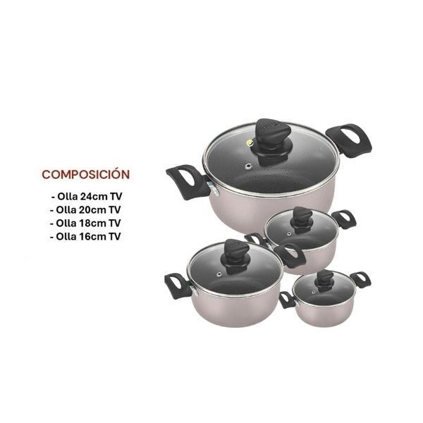 Bateria De Cocina Imusa 8 Piezas Antiadherente Con Tapas De Vidrio