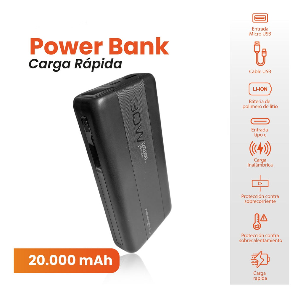 Power Bank Inalambrica 20.000 Mah Carga Rapida Wireless 30W Innovo 3.0