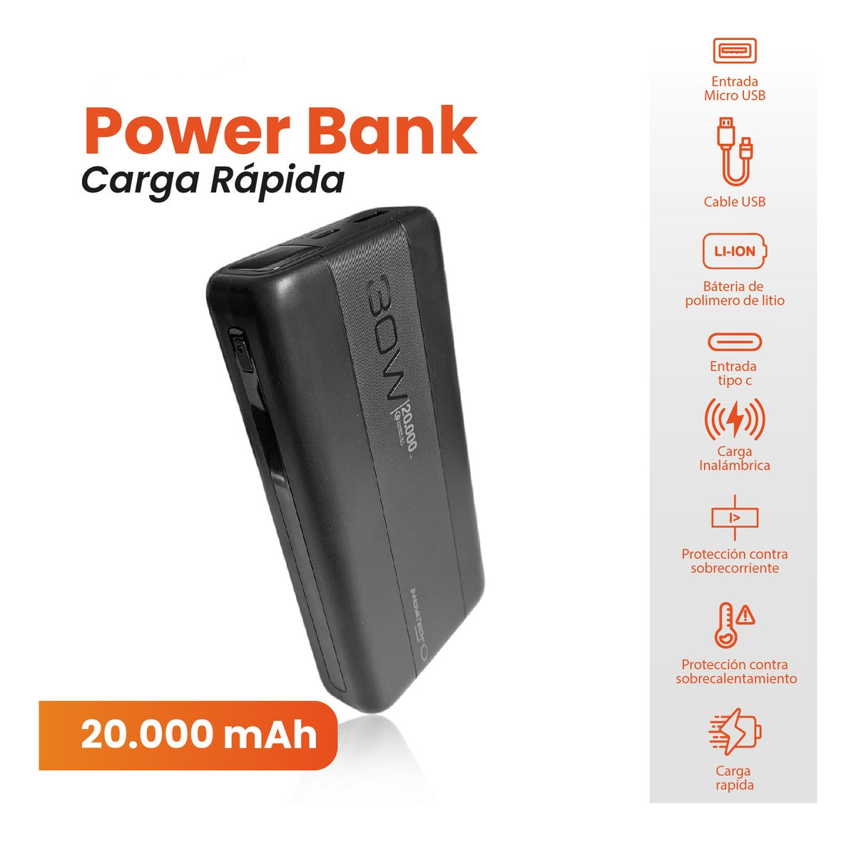 Power Bank Inalambrica 20.000 Mah Carga Rapida Wireless 30W Innovo 3.0