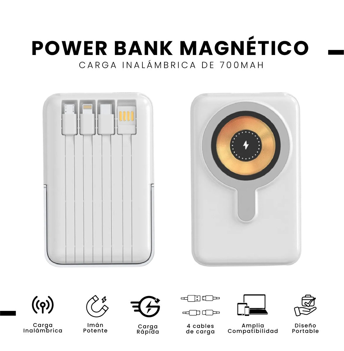 Power Bank Inalambrico Magnetico 7.000 Mah Carga Rapida 4 Cables Integrados Y Soporte 22.5W