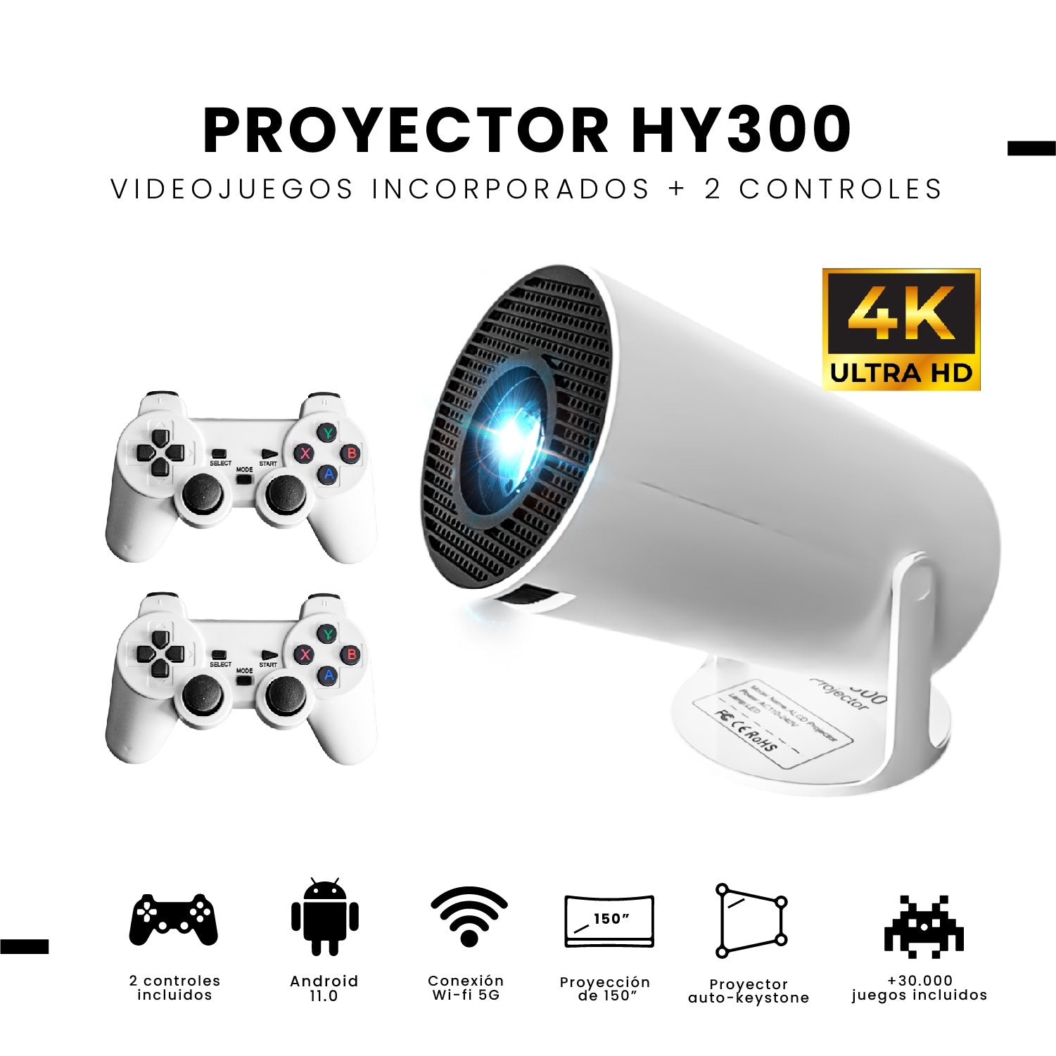 Proyector Hy Android 4K 200 Pulgadas Smart Tv + 2 Controles Gaming Netflix Youtube Prime Disney