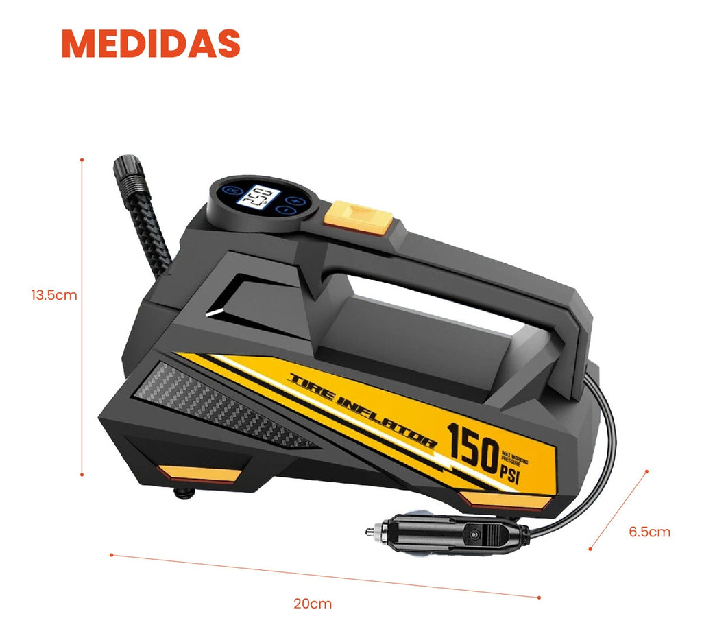 Inflador Para Carros Portable Infaltable Con Linterna Accesorios 150 Psi Universal