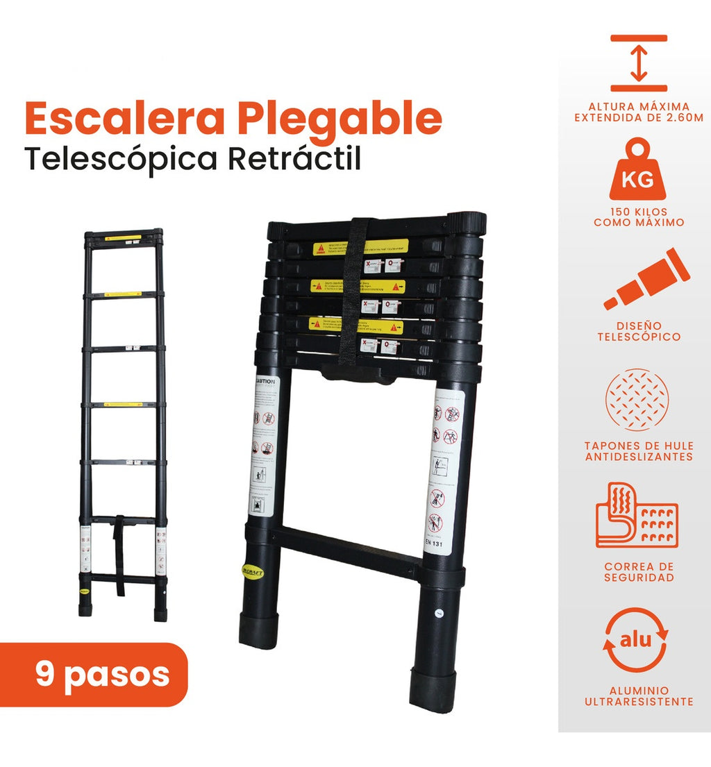Escalera Telescopica 2.6 Metros Ajustable Aluminio Practica Innovo