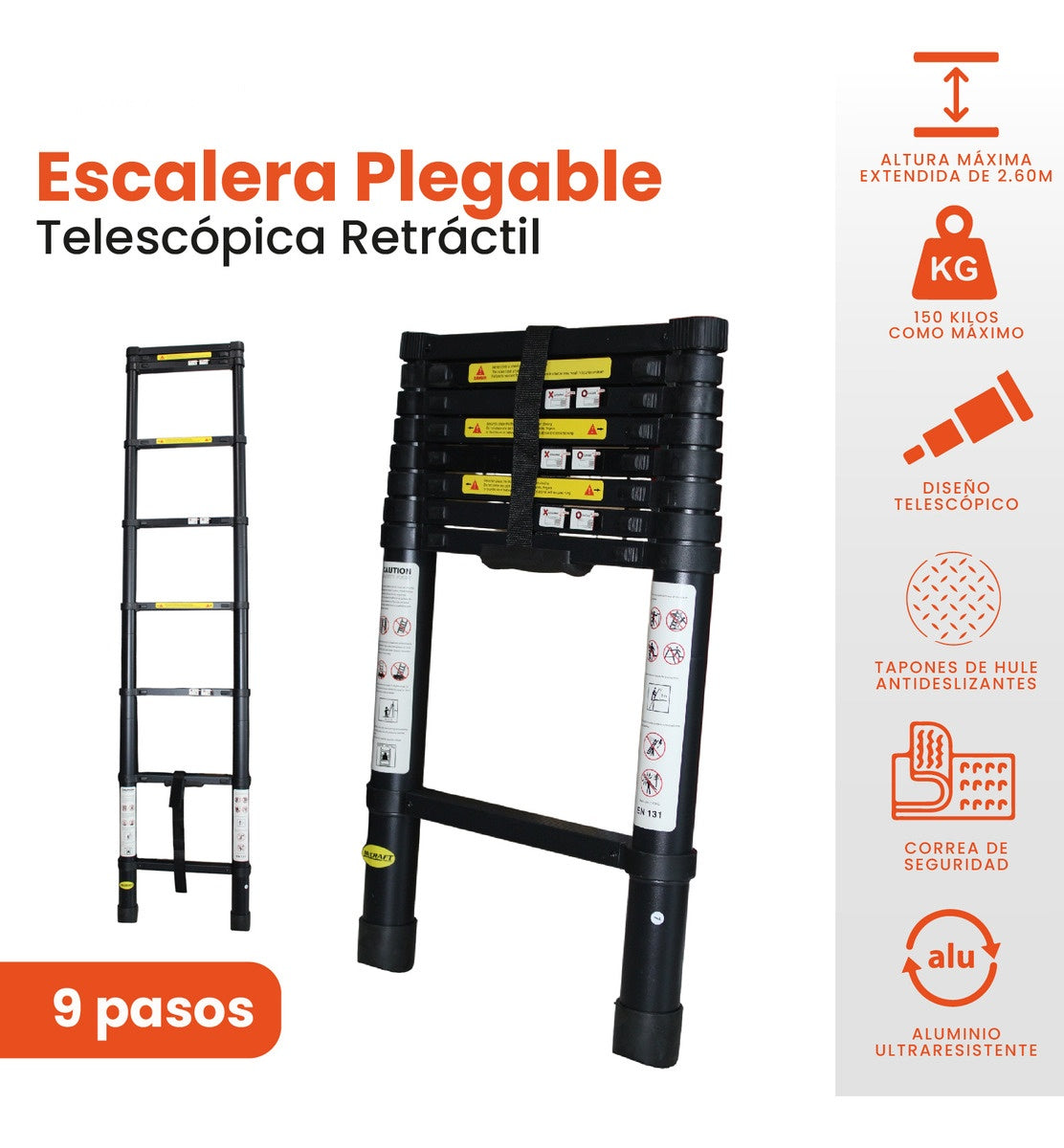 Escalera Telescopica 2.6 Metros Ajustable Aluminio Practica Innovo