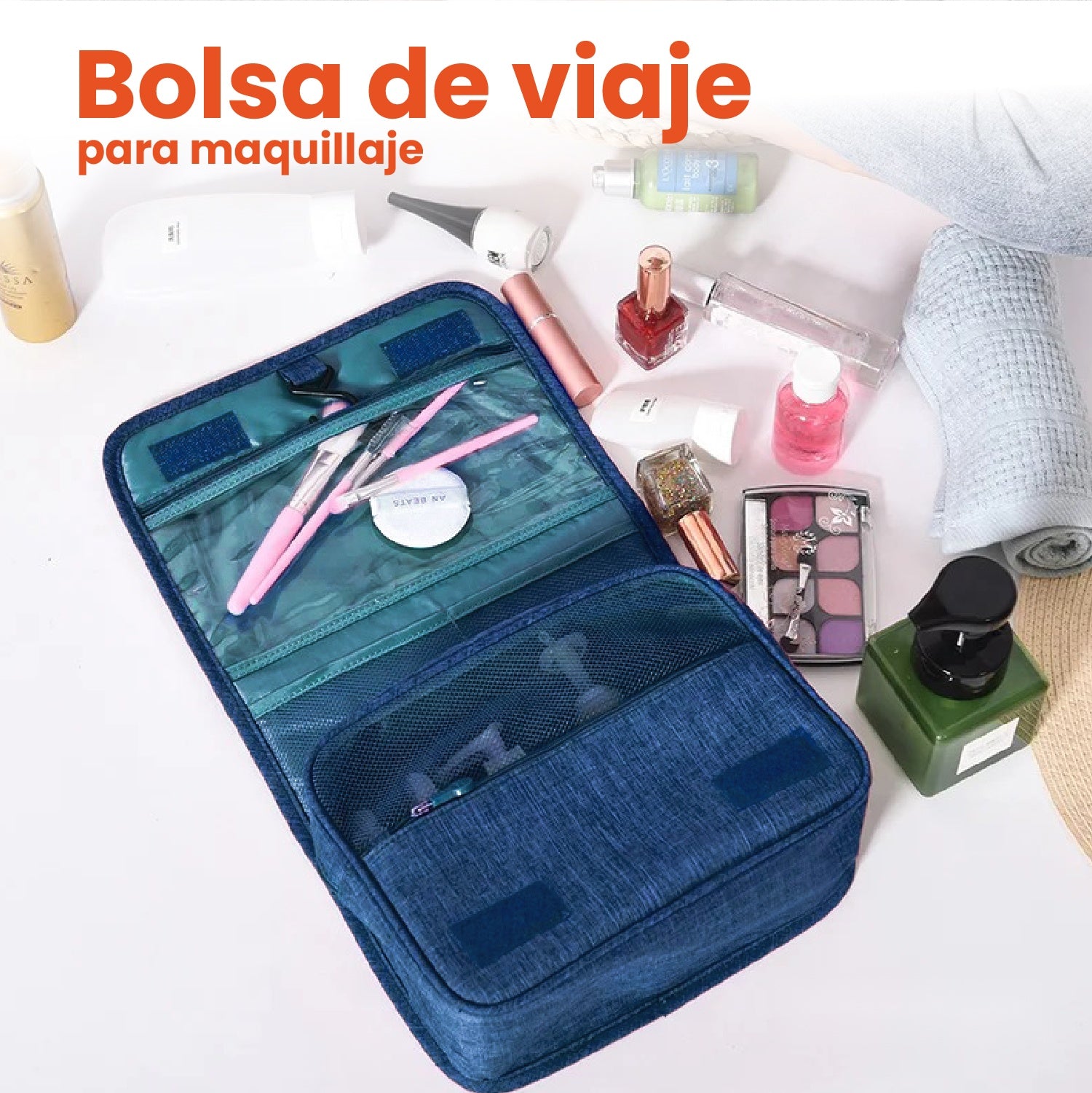 Combo Organizador De Viaje Equipaje Cosmetiquera Maquillaje Y Bolso Ropa Interior Azul