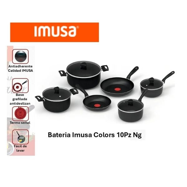 Bateria De Cocina Antiadherente Imusa Colors 10 Piezas Negra Con Tapa