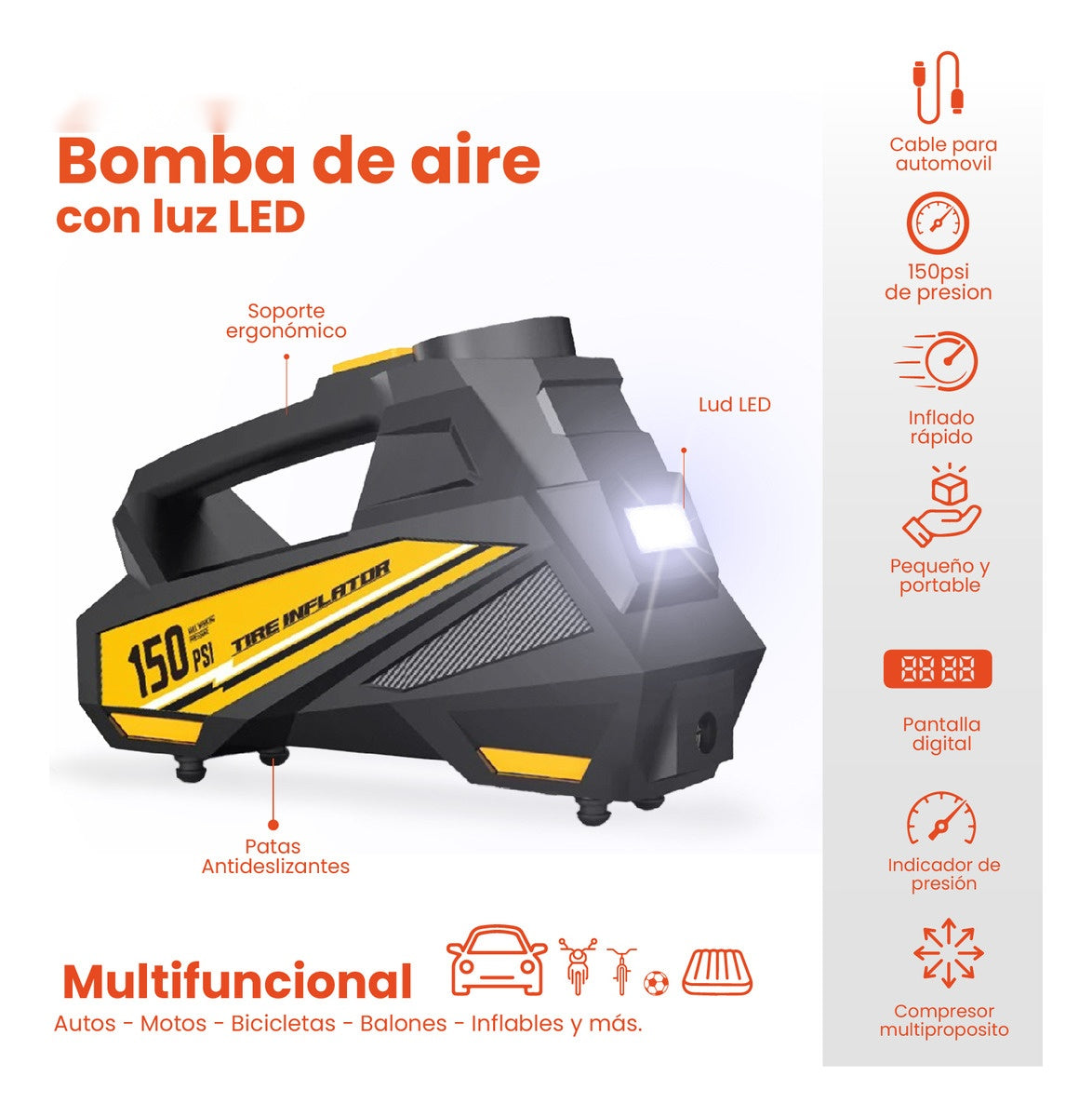 Inflador Para Carros Portable Infaltable Con Linterna Accesorios 150 Psi Universal