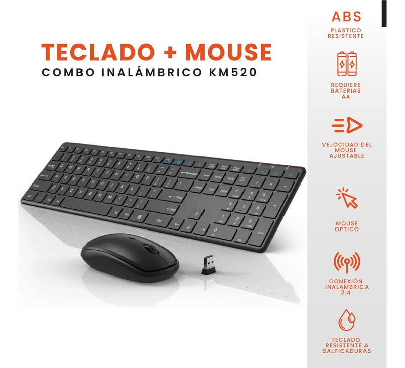 Teclado Con Mouse Inalambrico Usb Receptor Slim Elegante Km Negro Con Numeros