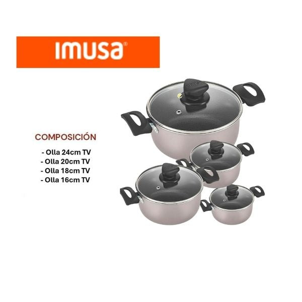 Bateria De Cocina Imusa 8 Piezas Antiadherente Con Tapas De Vidrio