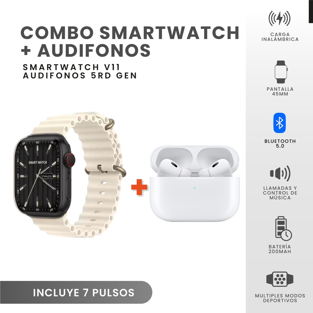 Combo Smartwatch Sport V11 Classic Suit 7 Pulsos Beige Con Audifonos Y Soporte Giratorio Celular