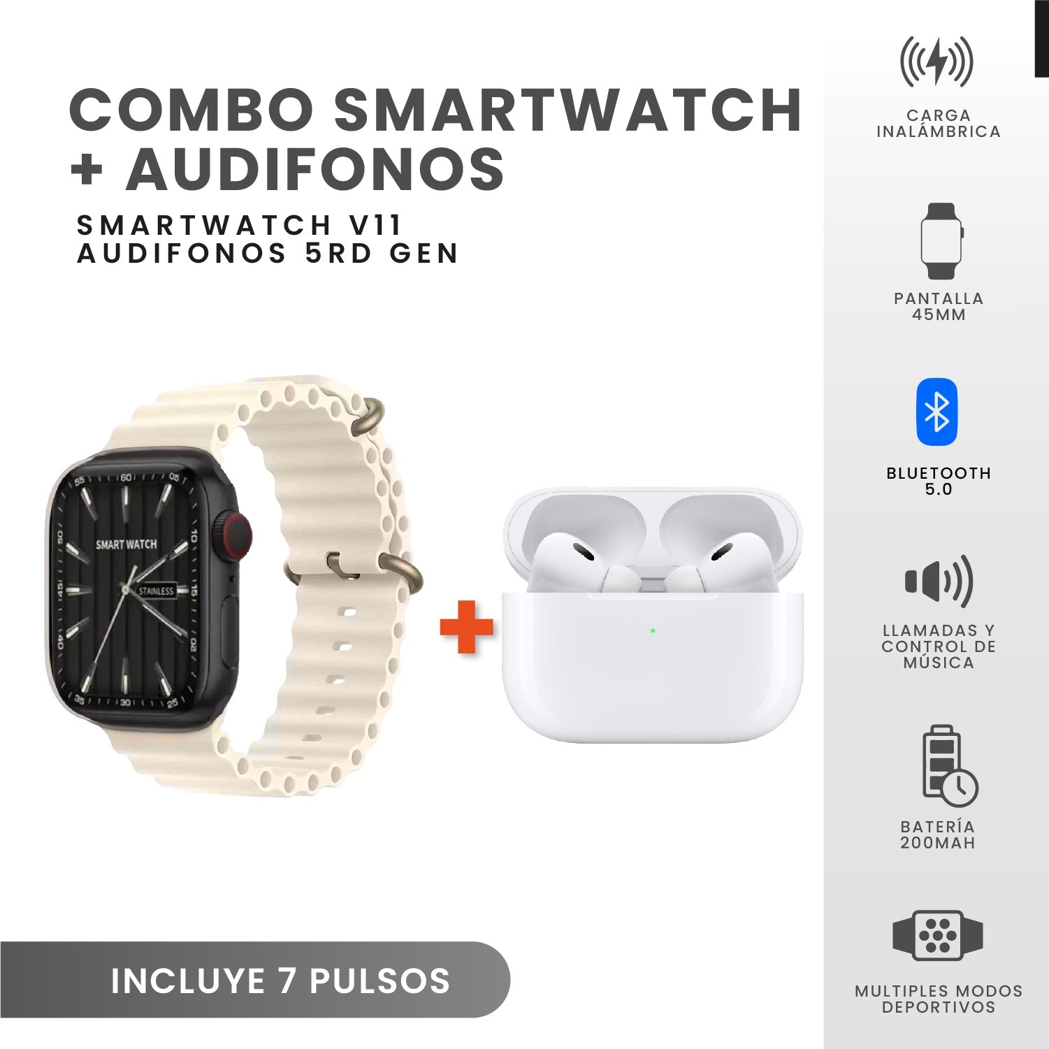 Combo Smartwatch Sport V11 Classic Suit 7 Pulsos Beige Con Audifonos Y Soporte Giratorio Celular