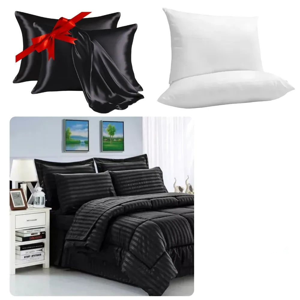 Combo Edredon Cama Doble Premium + 2 Almohadas Confort Siliconado + Par Fundas Satin