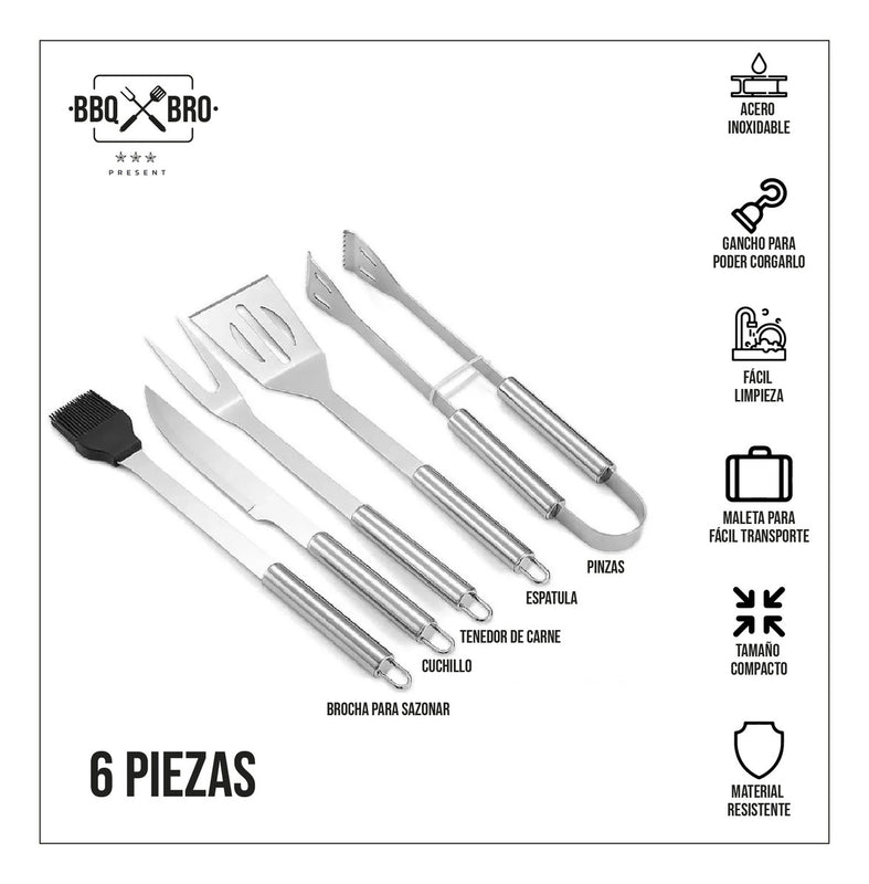 Set Kit Basico De Asado Bbq En Acero Inoxidable Con Estuche X6 Piezas