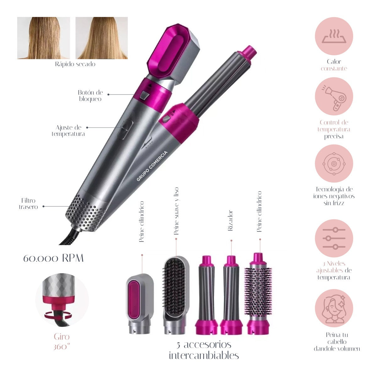 Cepillo 5 En 1 Alisador Rizador Hot Air Style Ionic Comb