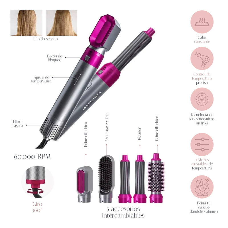 Cepillo 5 En 1 Alisador Rizador Hot Air Style Ionic Comb