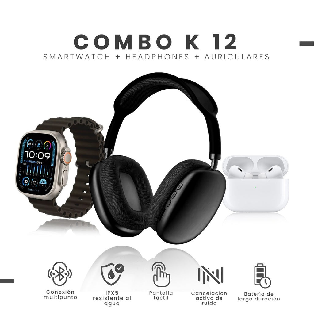 Combo K12 Smart Watch 7 Pulsos Negro V5.3 Wireless Con Audifonos Tactil Y Audifonos Diadema Innovo Tech