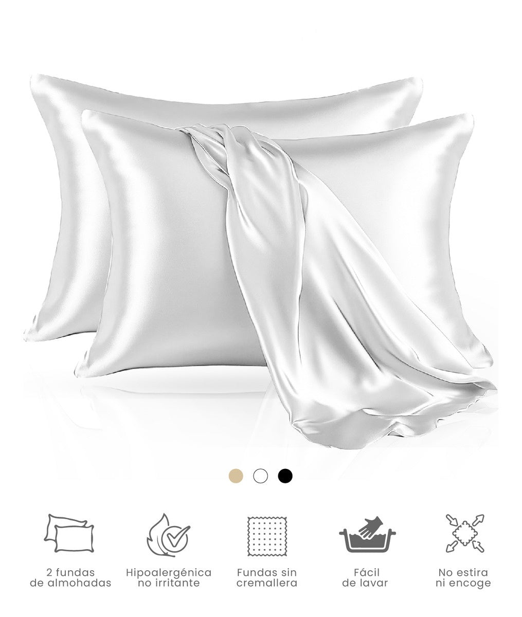 Fundas Para Almohada Satin Seda Cuida Cabello Piel Anti Friz Color Blanco Innovo